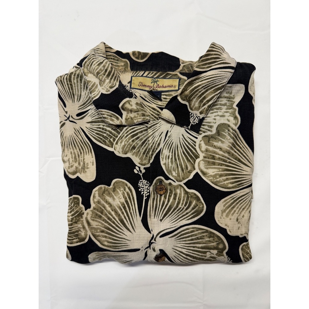 Tommy Bahama Mens XL Silk Hibiscus Floral Camp Shirt Black Khaki Short Sleeve